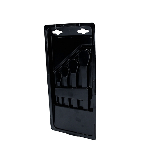 Ein Satz schwarzer Ringschlüssel in einer schwarzen Kunststoffverpackung. Die Schlüssel sind in verschiedenen Größen angeordnet.